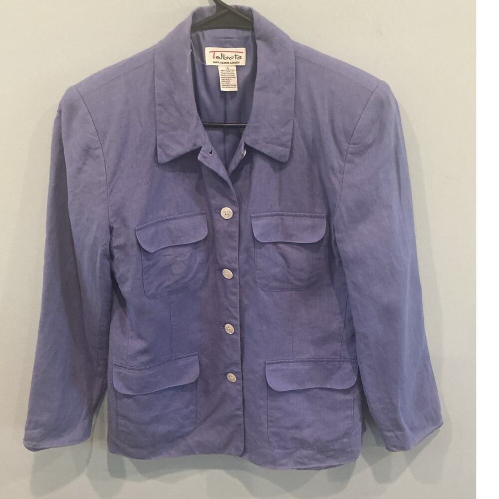 Talbots Womens Linen Single Breasted Jacket Size 4 Blue Blazer Classic Old Money